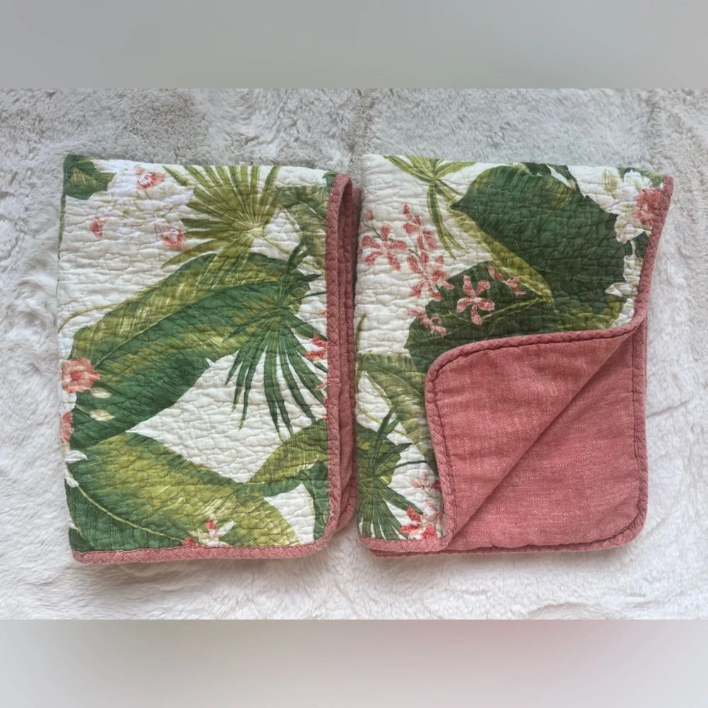 Two (2) Tommy Bahama Tropical floral standard pillow covers, pink/green